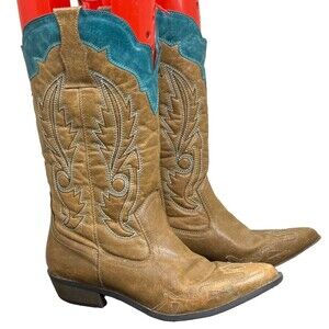 Coconuts by Matisse Western Cowboy Boots 8.5 Tan Teal Embroider Cimmaron Cowgirl